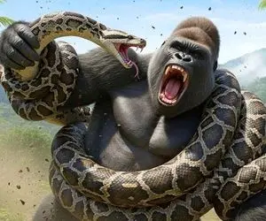 دنیای حیوانات؛ زورآزمایی مار پیتون با گوریلی که زورش از خر هم بیشتره