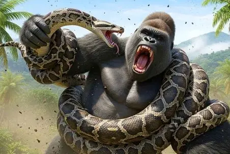 دنیای حیوانات؛ زورآزمایی مار پیتون با گوریلی که زورش از خر هم بیشتره