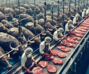 فرآوری بوفالو؛ گاومیشارو با چمن مصنوعی چاق میکنن تا برای استیک شدن آماده بشن