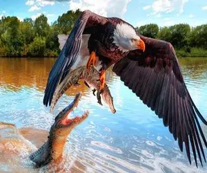 بدایع حیات وحش؛ عقاب بدسگال بچه تمساح از دهن مادر که قصد بلعشو داشت نجات داد