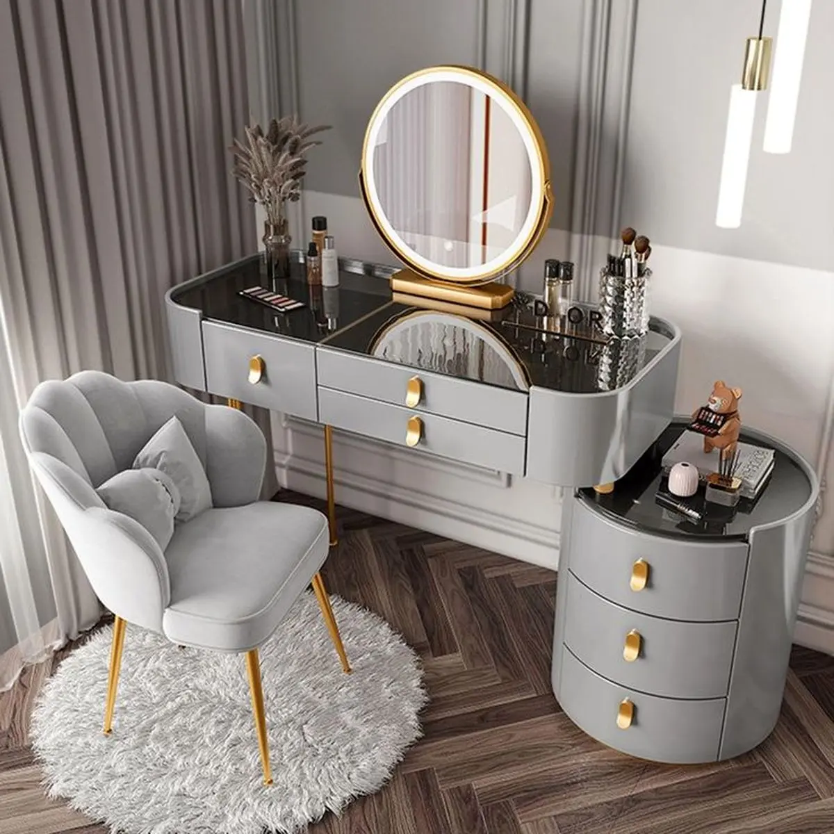 Makeup Vanity Desk with Lighted Mirror and Glass Top_ Large Vanity Table Set with Drawers_ Side Cabinet & Chair_ 3 Lighting Colors Makeup Table with Lights_ Large Dressing Table for Her ( Color _ Gray