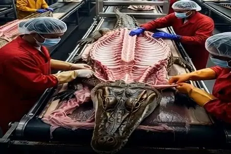 فرآوری تمساح؛ دنده های تمساح رو درآوردن پوستش موند با فرچه و غلتک صافش کردن کیف ساختن