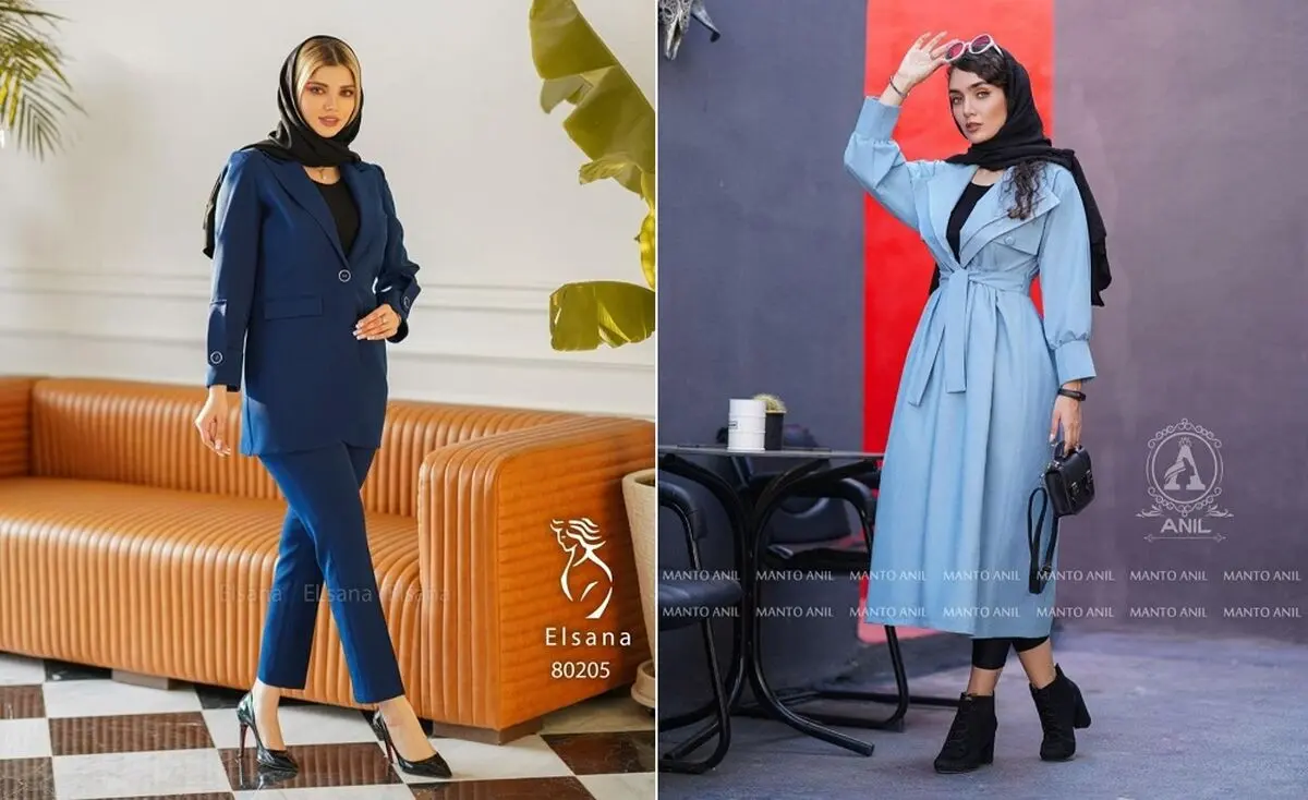 مانتوی آبی با شال مشکی