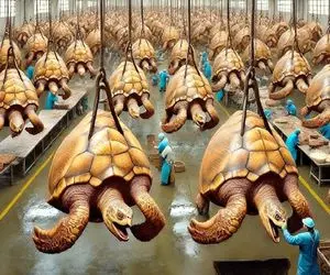 فرآوری لاک پشت؛ لاک پشت ناز نازی و با لاک چرخ میکنه آبشو میگیره به سیخ میکشه