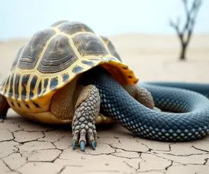 جذابیت حیات وحش؛ پیتون غول خزید لونه لاکپشت ببلعدش اما کله اش تو لاک گیر کرد