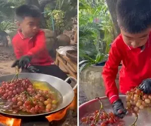 آشپزی با نیم وجبی؛ غذا دیده بودیم ولی با انگور سرخ شده نه رسپی خفن میزنه برای این غذا!