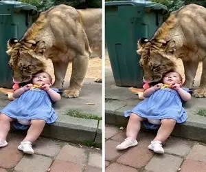 صحنه دهشتناک؛ شیر سفاک با مهربونی به بچهه نزدیک شد آخرش با دندون دستشو قطع کرد