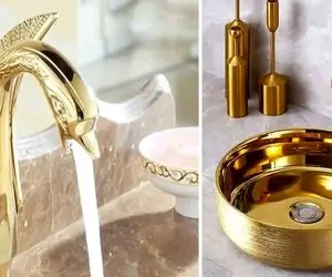 ایده های شیرآلات طلایی لاکچری امروزی / جذابیت کل حموم دستشویی به روشوییه با این شیرها