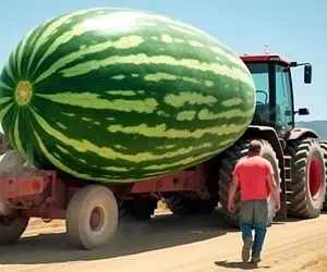 محصولات کشاورزی غول پیکر؛ هندوانه و صیفی جات کاشتن به قدری بزرگ که تراکتور اومد ببره