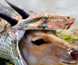 از جذابیت های حیات وحش؛ حلقوم پیتون احمق با بلعیدن گوزن شاخدار داره پاره میشه