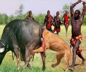 رازبقا؛ بربرها برای نجات جون نوزاد بوفالو شیرو با نیزه شرحه کردن