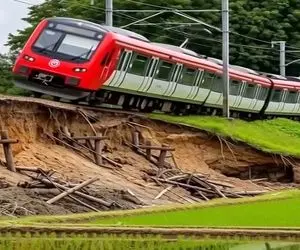 معماری طبیعت؛ راننده قطار خوابش گرفت از ریل منحرف شد کجکی رفتن تو شالیزار
