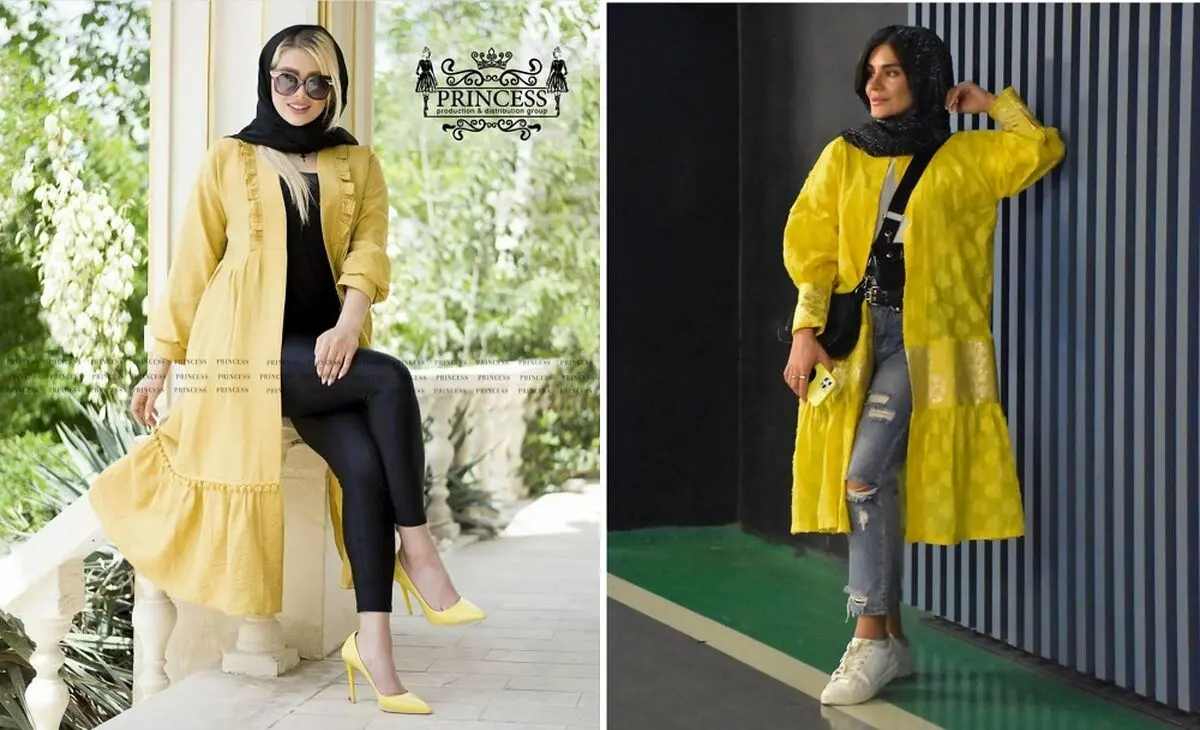 مانتوی زرد با شال یا روسری مشکی
