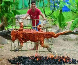 غذای چندش؛ فلس های تمساح و با قاشق کندن با سس سیر رو آتیش برشته اش کردن