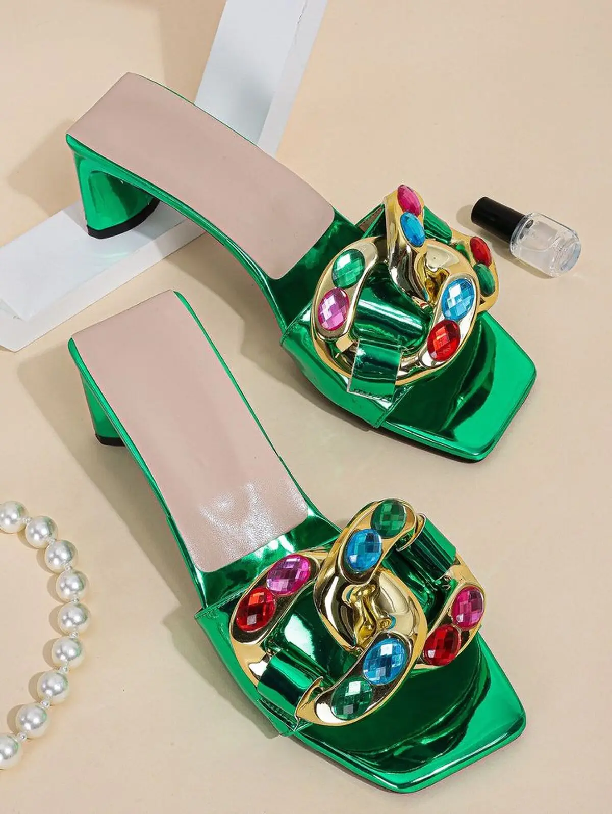 Jewelled & Chain Decor Chunky Heeled Mule Sandals