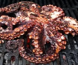 کباب هشت‌پا؛ اختاپوسو میجوشونه رو کباب‌پز گیریل و اسلایس میکنه واسه کنار برنج