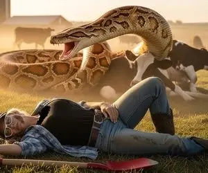 حیات وحش مصنوعی؛ خانم جوان شجاع برای نجات گاو از چنگ پیتون از جانش مایه گذاشت