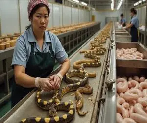 فرآوری مار؛ پوست مارهای رنگی و ورقه ای جدا میکنن برای کیف گوشتش میشه خورشت