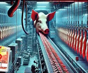 فرآوری خوک؛ خوک قلمبه رو میفرستنه تو دستگاه کالباس مورتادلا تحویل میگیره