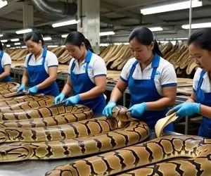 فرآوری مار؛ پوست مار های پیتون کلفت رو میکنن کیف درست میکنن با گوشتشم سوسیس