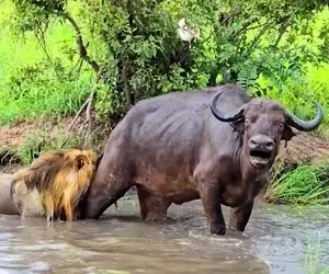 بدایع حیات وحش؛ گله بوفالو برای نجات یکی از اعضا خود از حمله شیر به پا خاستند