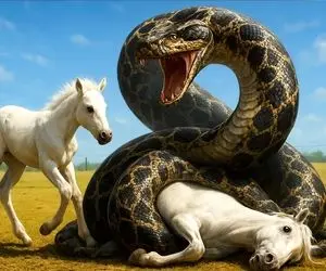 حیات وحش مصنوعی؛ مادیان سفید دلیر برای نجات مادرش از چنگ پیتون غووول کمک آورد