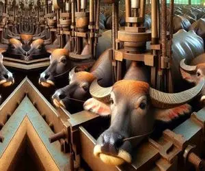 فرآوری بوفالو؛ شاخ بوفالوهارو قطع میکنن با گیوتین گردن میزنن اسلایس شده میفروشن