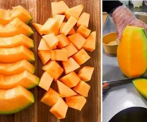 خوشگلاسیون خوراکی ؛ ببینید این خانوم هنرمند ملون رو چجوری برش میزنه و چه زیبا سرو میکنه !