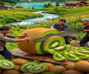 کشاورزی نوین؛ یه کیوی جهشی پرورش دادن انقد حجیمه با اره میبرنش قشنگ یه سال کفافه