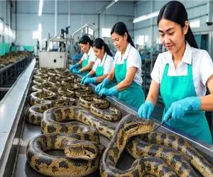 فرآوری مار؛ پیتون غول و پوستشو کندن کالا ساختن گوشتش شد سوپ زهرش هم دواس