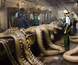 کارخانه حیوانات؛ شکم پیتون غول سفره کردن دلو رودشو تفت دادن خوردن پوستش شد کیف و کفش