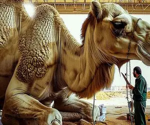 فرآوری شتر؛ پوست شترهای غولو با چاقو میکنن با اره ورقه ای برش میدن استیک بشه