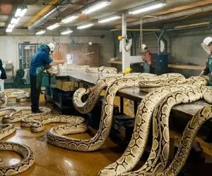 فرآوری مار؛ پوست مار 100متری و سالم با چاقو جدا میکنه کیف بشه گوشتش هم استیک