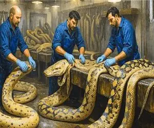 فرآوری مار؛ چشم بادومی ها پیتون غول میکنن برای سود ناشی از تجارت گوشت و پوستش