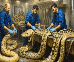 فرآوری مار؛ چشم بادومی ها پیتون غول میکنن برای سود ناشی از تجارت گوشت و پوستش