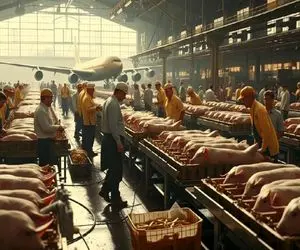 فرآوری خوک؛ پوست خوک قلمبه صورتی زنده با پوست کن کندن انداختن دستگاه سوسیس شه