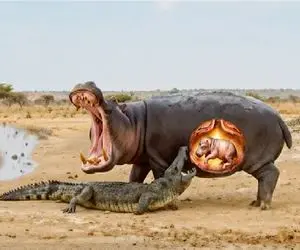 حیات وحش بی رحم؛ نبرد اسب آبی و تمساح برای حراست از بار شیشه اش