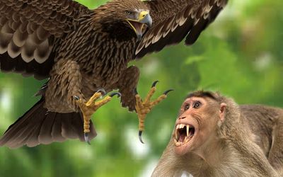 از جذابیت های حیات وحش؛ عقاب سنگدل وحشیانه به میمون حمله کرد؛ چقدر بی رحمانه میخورتش!