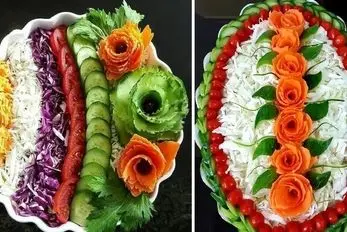 انواع و اقسام تزیین سالاد مناسب میز شام مهمانی؛ روش برش و دیزاین کاهو، خیار و گوجه