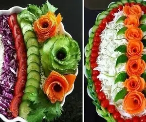 انواع و اقسام تزیین سالاد مناسب میز شام مهمانی؛ روش برش و دیزاین کاهو، خیار و گوجه