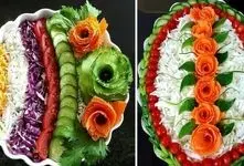انواع و اقسام تزیین سالاد مناسب میز شام مهمانی؛ روش برش و دیزاین کاهو، خیار و گوجه