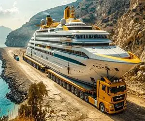 جابه‌جایی‌ جانکاه؛ دوتا هیجده چرخو وصل کردن تا کشتی 200 تنیو حمل کنه تو جاده نصف شد