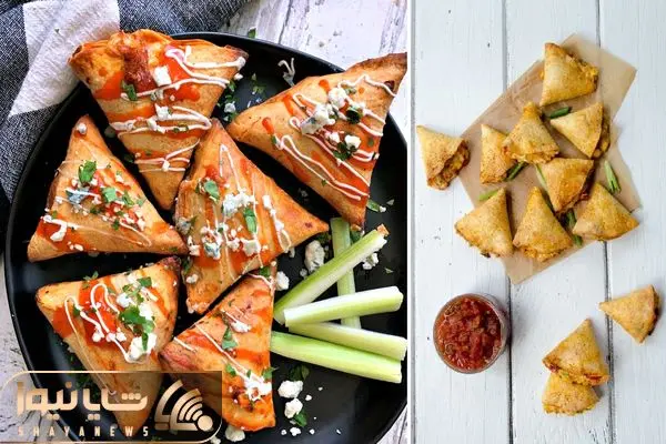 Mini tortilla triangles stuffed with chicken