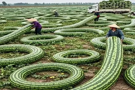 کشاورزی نوین؛ هندونه دایره ای پرورش دادن شکل تیوپ سر و تهش بهم وصله