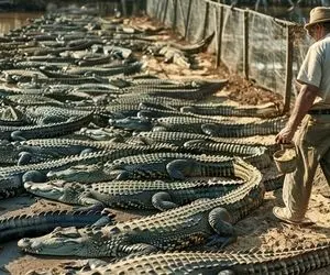 فرآوری تمساح؛ تمساح ها رو چاق میکنن پوستشو میکنن لباس میشه گوشتشم خورشتی خرد میکنن