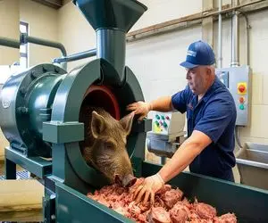 فرآوری خوک؛ خوک لجن قلمبه حرومی درسته گذاشت تو دستگاه چرخ شه سوسیس تحویل گرفت