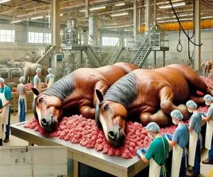 فرآوری اسب؛ اسب درحال احتضار رو با آمپول هوا کشتن به صلابه کشیدن برای بهره از گوشتش