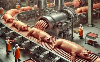 فرآوری خوک؛ خوک قلمبه لجن بعد کارواش پشم ریزون شد برای بدل شدن به کالباس