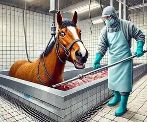 فراوری اسب؛ اسب های گنده رو خورد میکنن بعد پوستش رو میکنن برای همبرگر و گوشت کبابی