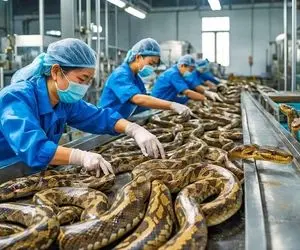 مزرعه پرورش مار؛ مارهای پیتون به قطر درخت رو با چاقو از وسط پوست می کنن 